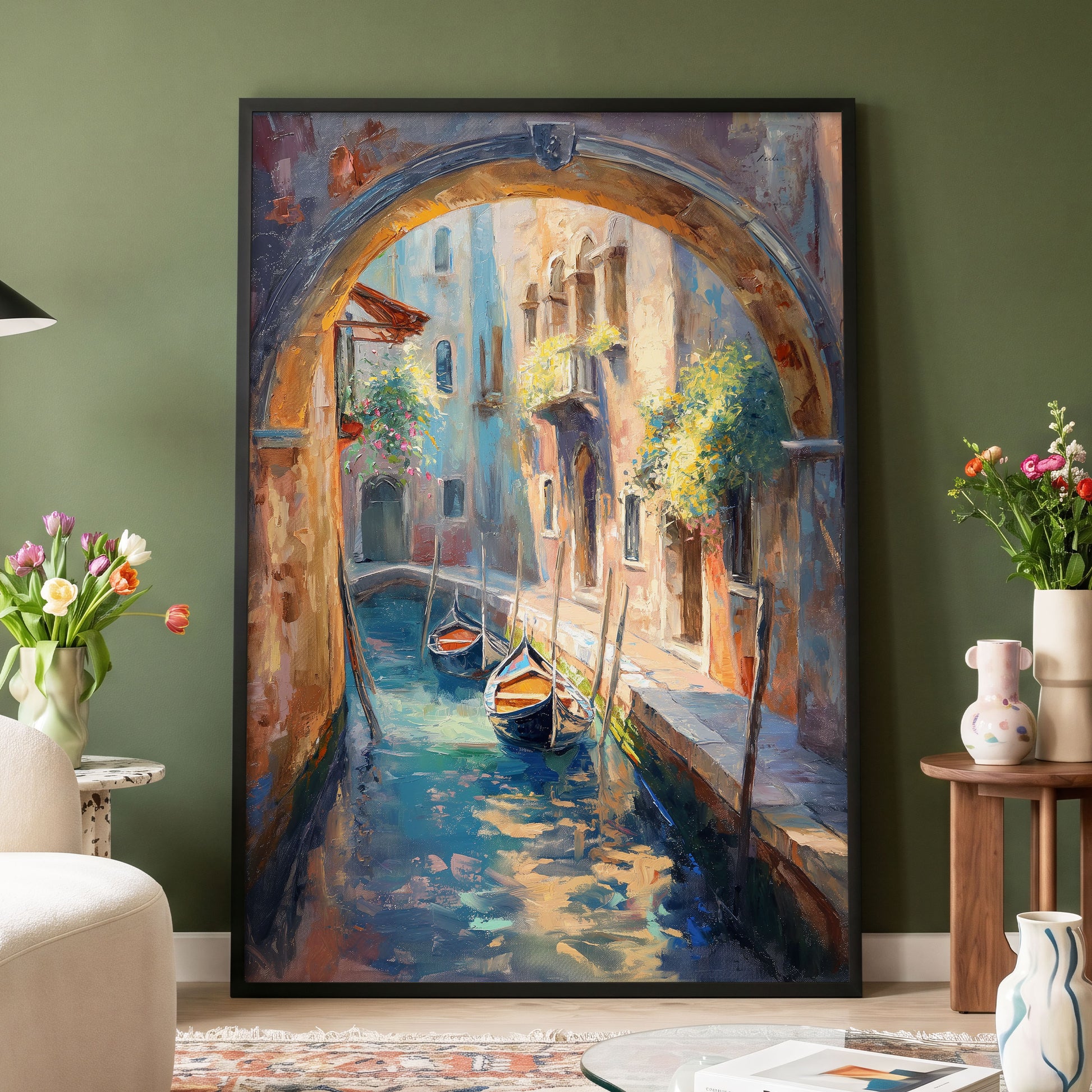 Gondolas Beneath the Arch, blue, brown, gold abstract wall art displayed in a styled interior, gallery view 4
