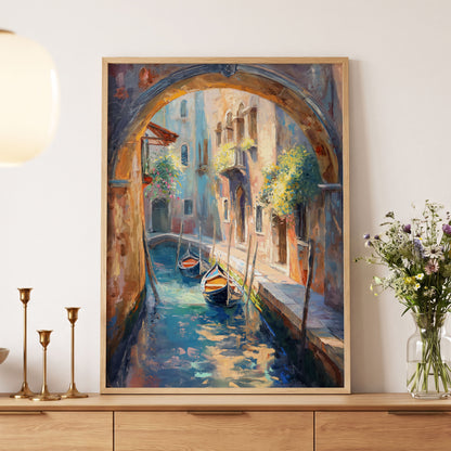 Gondolas Beneath the Arch, blue, brown, gold abstract wall art displayed in a styled interior, gallery view 5