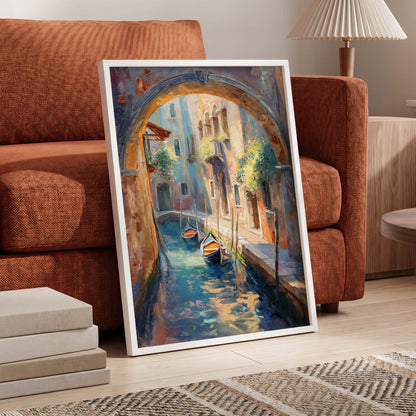 Gondolas Beneath the Arch, blue, brown, gold abstract wall art displayed in a styled interior, gallery view 6