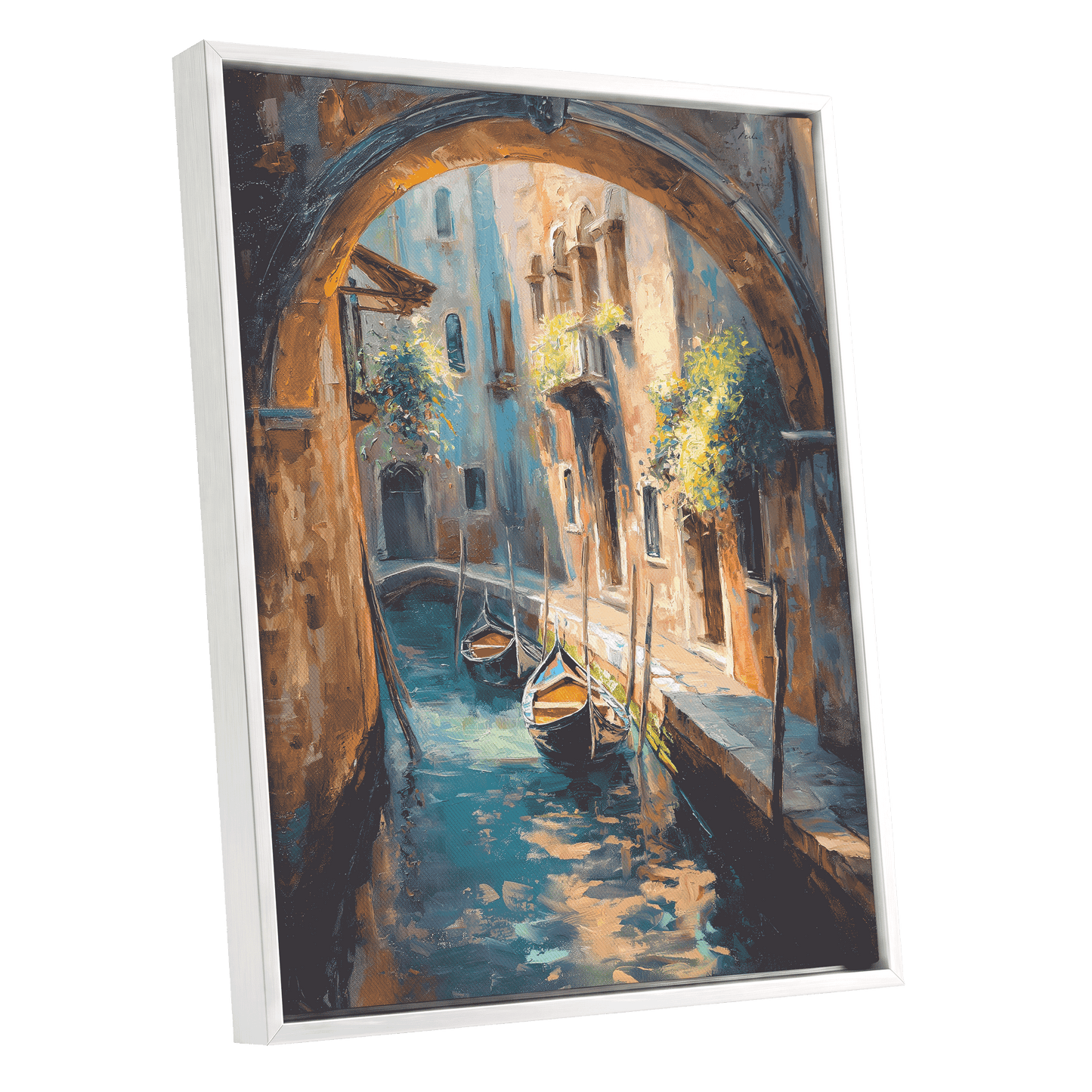Gondolas Beneath the Arch, blue, brown, gold abstract wall art shown as a white framed canvas wall art