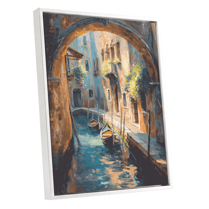 Gondolas Beneath the Arch, blue, brown, gold abstract wall art shown as a white framed canvas wall art