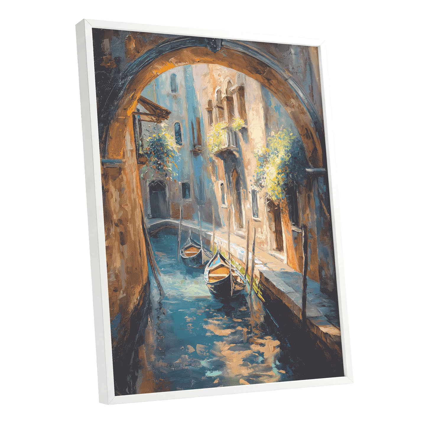 Gondolas Beneath the Arch, blue, brown, gold abstract wall art shown as a white framed poster wall art print
