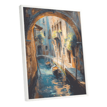 Gondolas Beneath the Arch, blue, brown, gold abstract wall art shown as a white framed poster wall art print