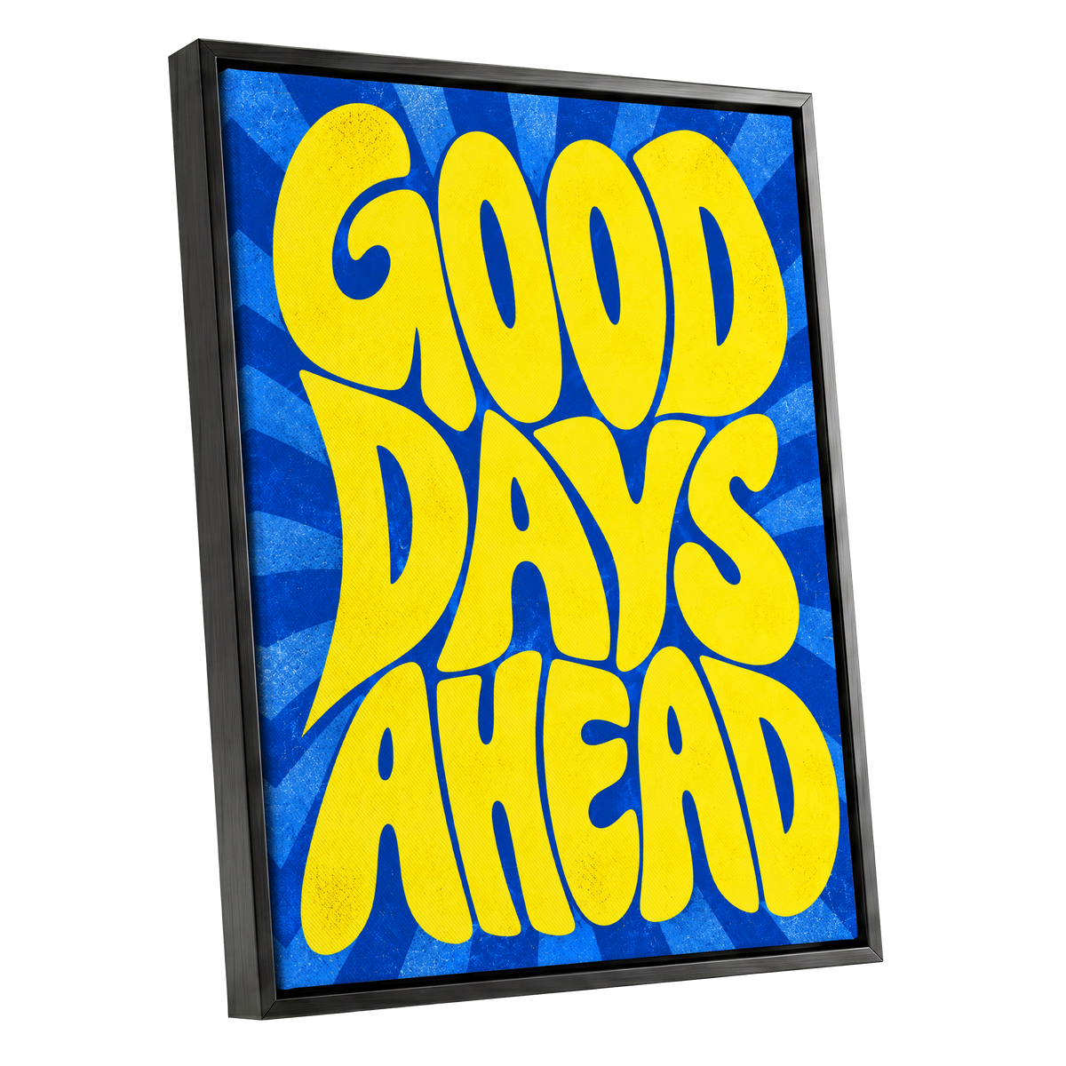 Good Days Sunburst, yellow, blue abstract wall art shown as a black framed canvas wall art
