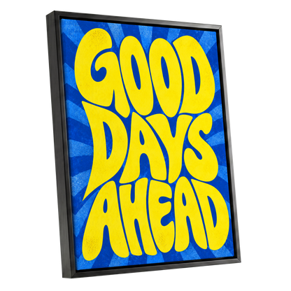 Good Days Sunburst, yellow, blue abstract wall art shown as a black framed canvas wall art