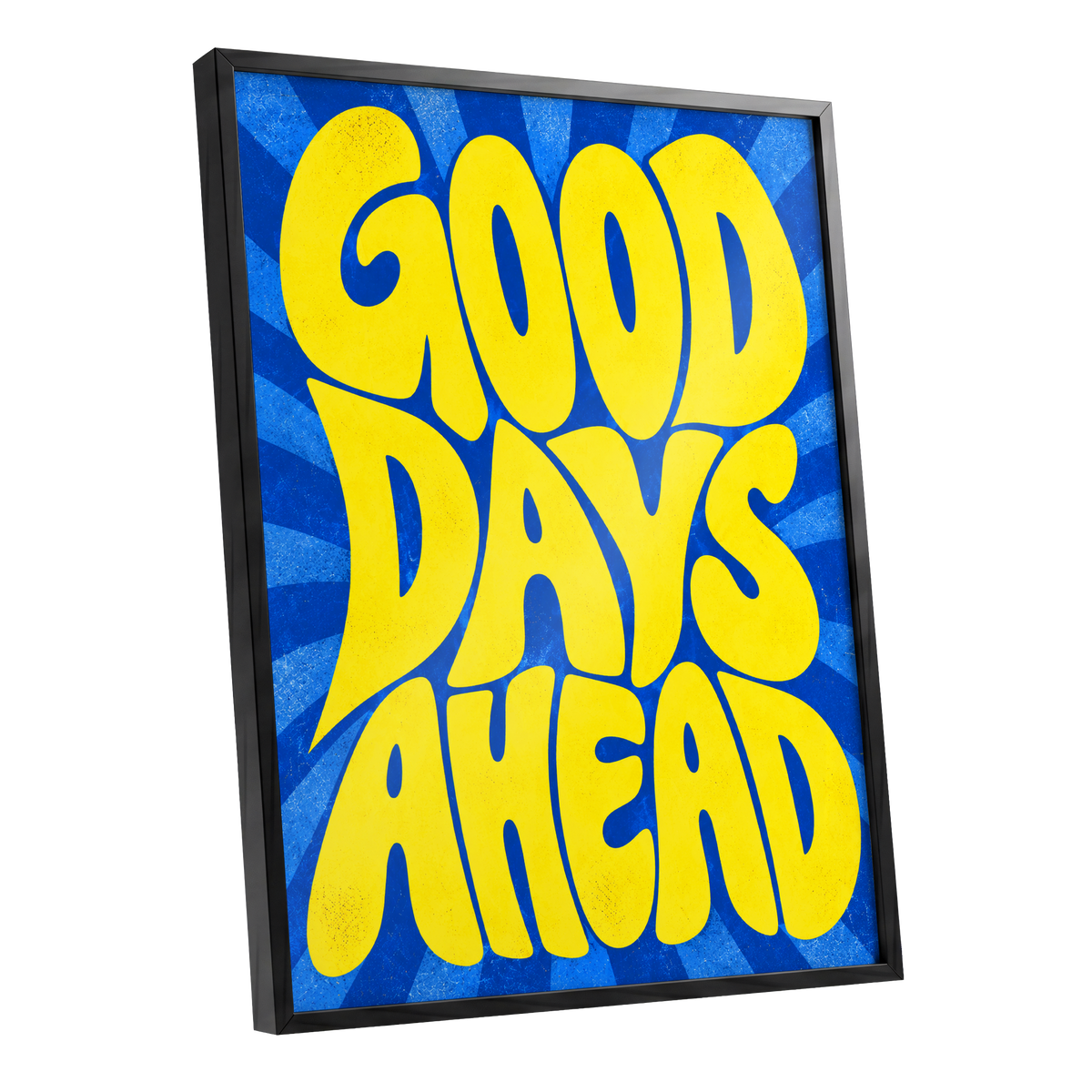 Good Days Sunburst, yellow, blue abstract wall art shown as a black framed poster wall art print