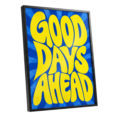 Good Days Sunburst, yellow, blue abstract wall art shown as a black framed poster wall art print