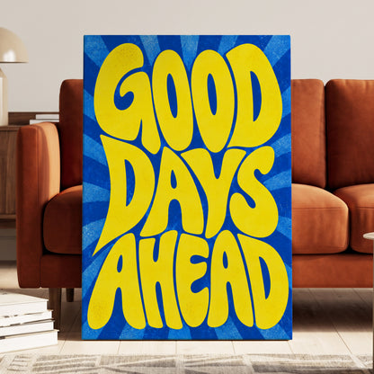 Good Days Sunburst, yellow, blue abstract wall art on canvas displayed in a styled interior, gallery view 1