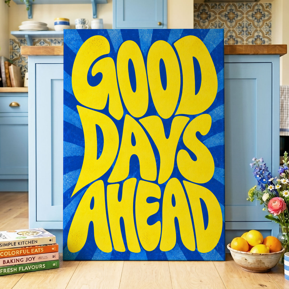 Good Days Sunburst, yellow, blue abstract wall art on canvas displayed in a styled interior, gallery view 2