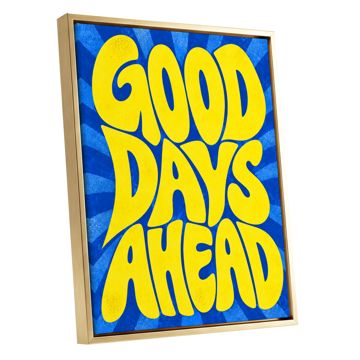 Good Days Sunburst, yellow, blue abstract wall art shown as a gold framed canvas wall art