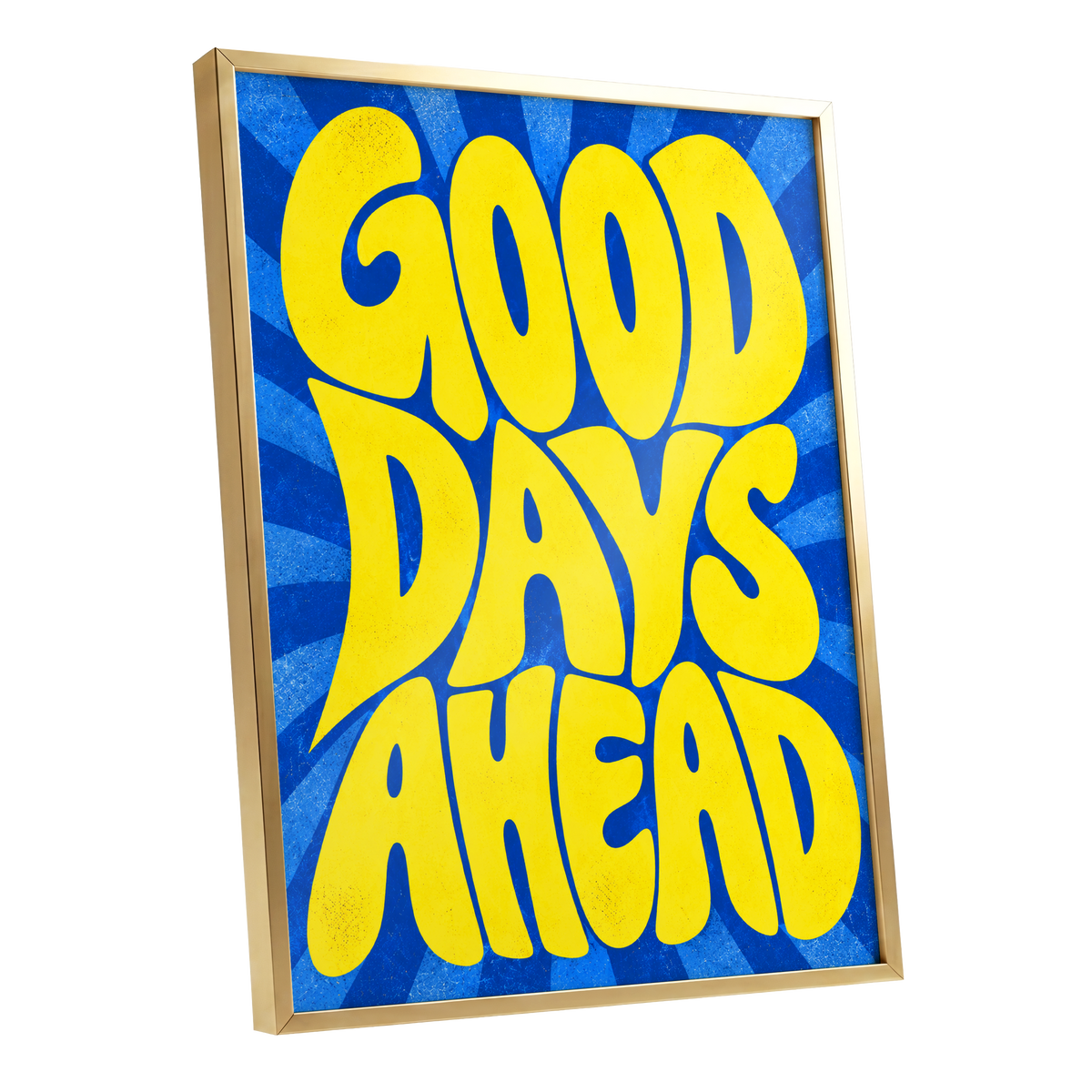 Good Days Sunburst, yellow, blue abstract wall art shown as a gold framed poster wall art print