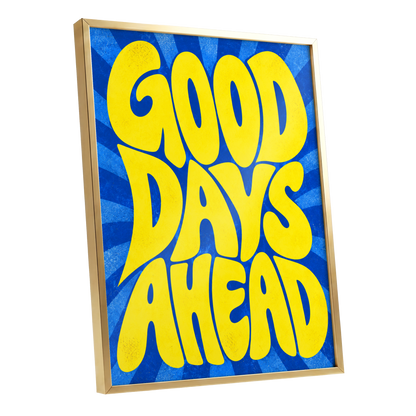 Good Days Sunburst, yellow, blue abstract wall art shown as a gold framed poster wall art print