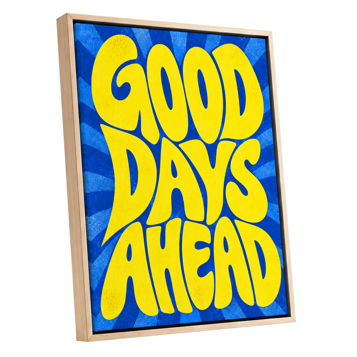 Good Days Sunburst, yellow, blue abstract wall art shown as a oak framed canvas wall art