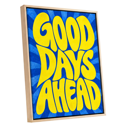 Good Days Sunburst, yellow, blue abstract wall art shown as a oak framed canvas wall art