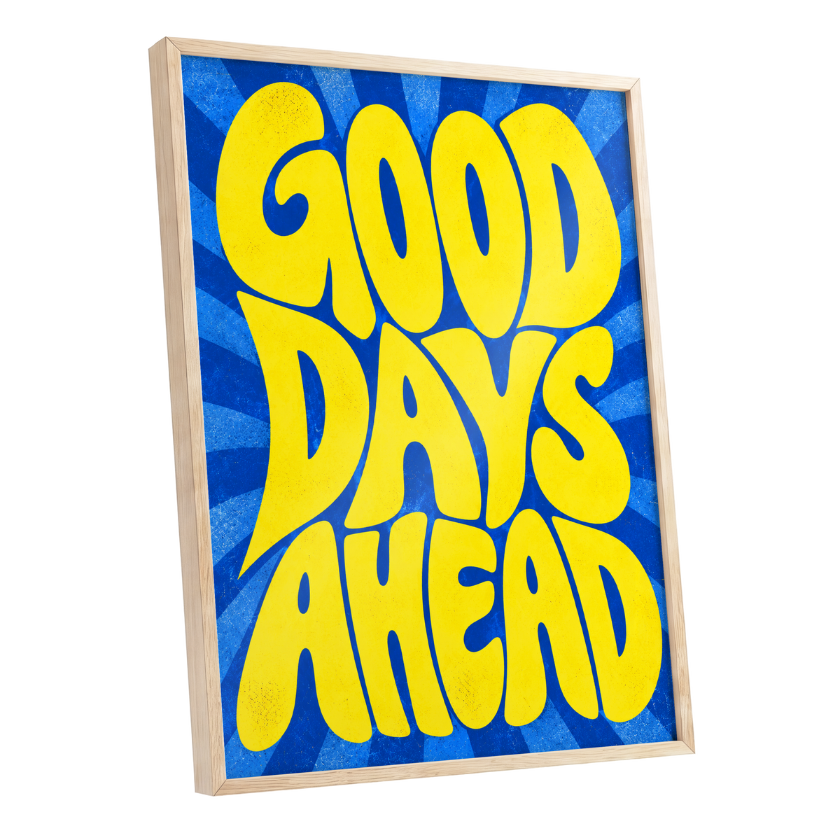 Good Days Sunburst, yellow, blue abstract wall art shown as a oak framed poster wall art print