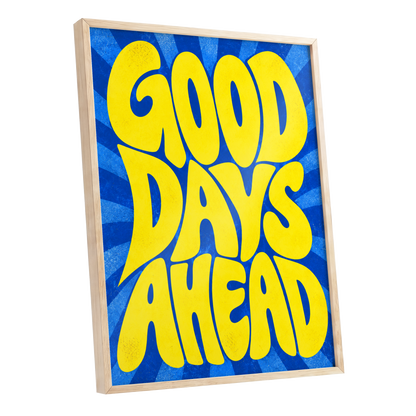 Good Days Sunburst, yellow, blue abstract wall art shown as a oak framed poster wall art print