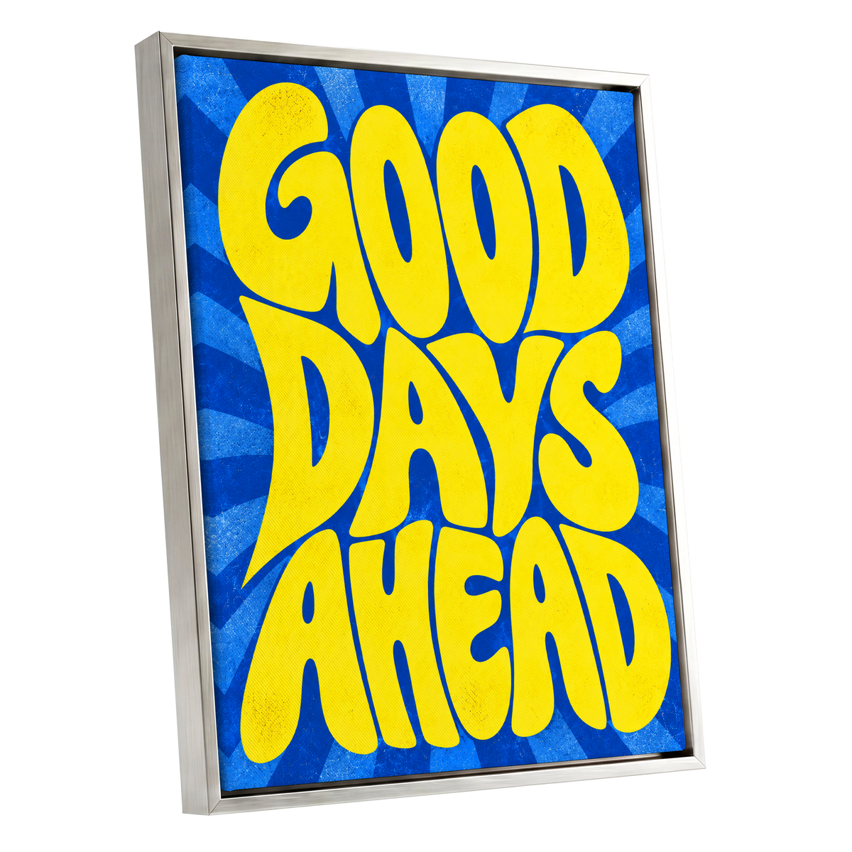 Good Days Sunburst, yellow, blue abstract wall art shown as a silver framed canvas wall art