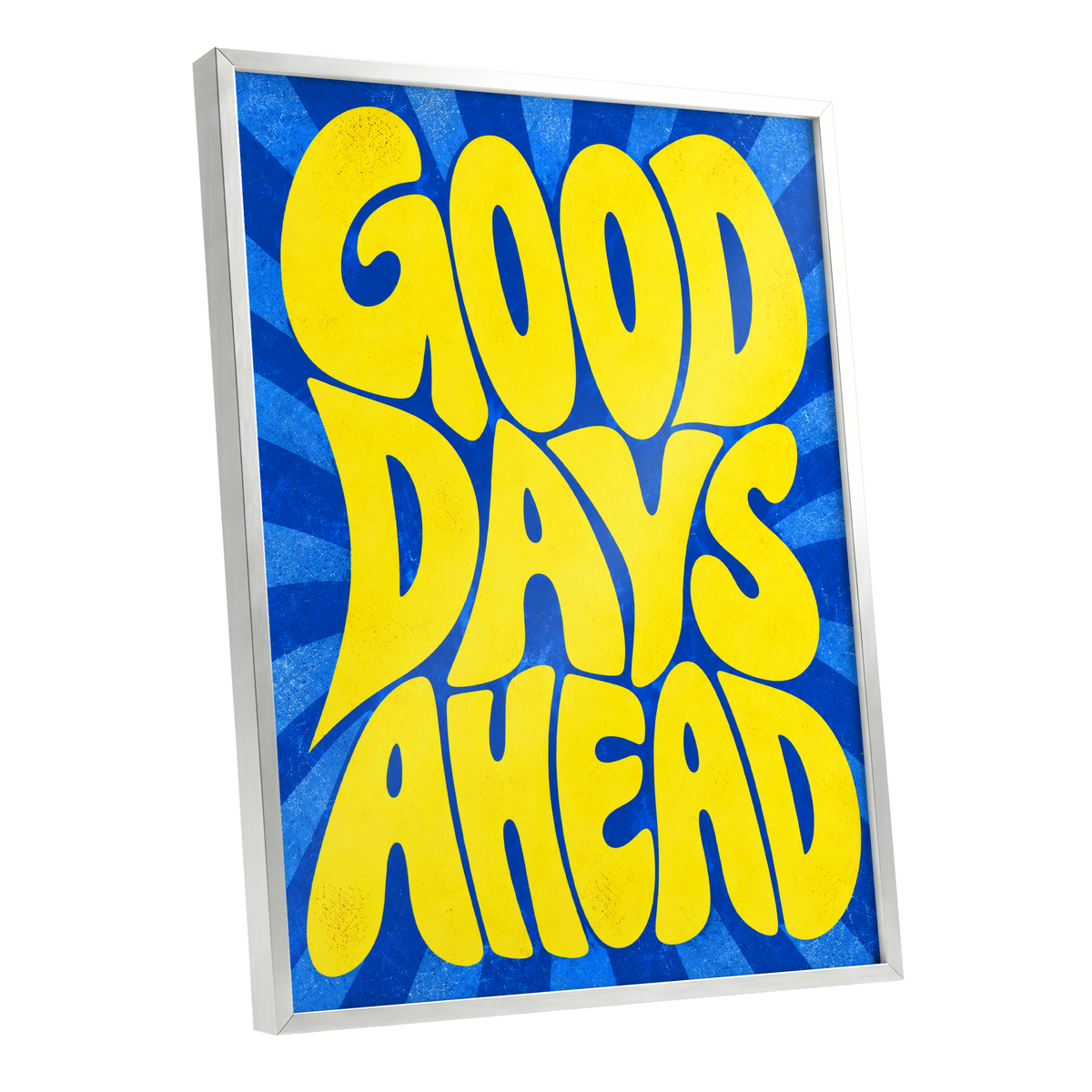 Good Days Sunburst, yellow, blue abstract wall art shown as a silver framed poster wall art print