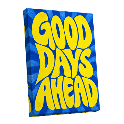 Good Days Sunburst, yellow, blue abstract wall art shown as a stretched canvas wall art