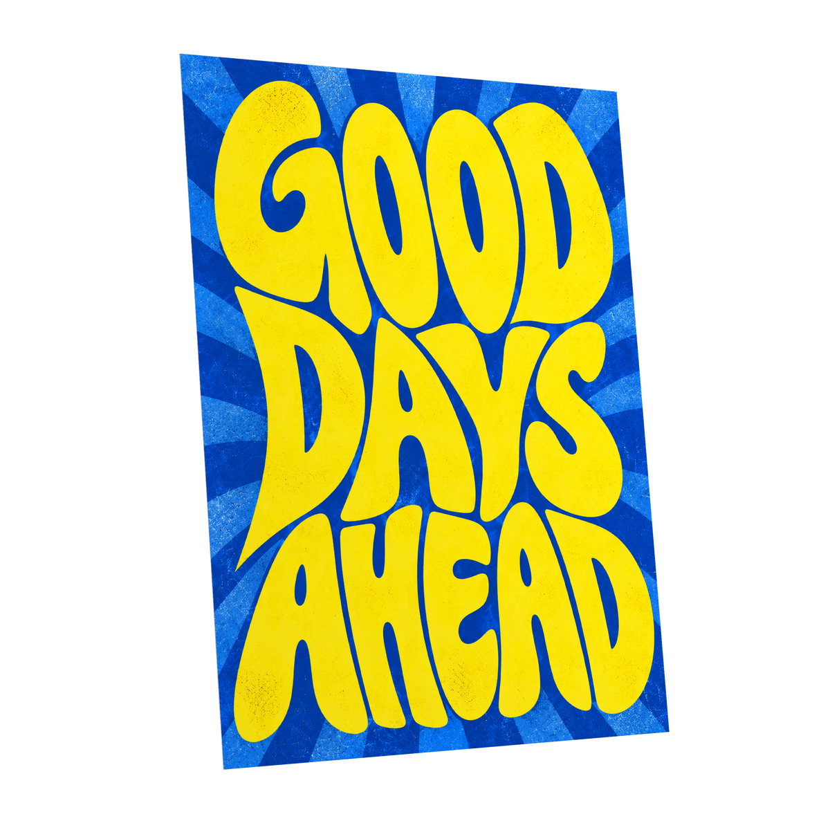 Good Days Sunburst, yellow, blue abstract wall art shown as a unframed poster wall art print