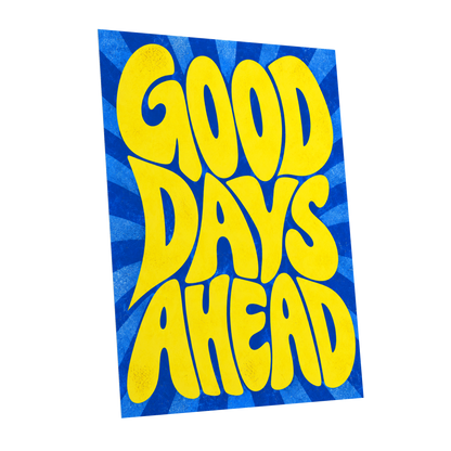 Good Days Sunburst, yellow, blue abstract wall art shown as a unframed poster wall art print