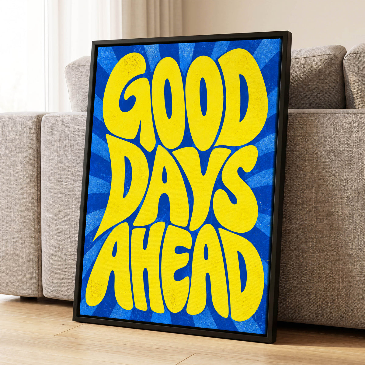 Good Days Sunburst, yellow, blue abstract wall art displayed in a styled interior, gallery view 1