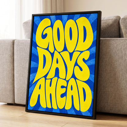 Good Days Sunburst, yellow, blue abstract wall art displayed in a styled interior, gallery view 1
