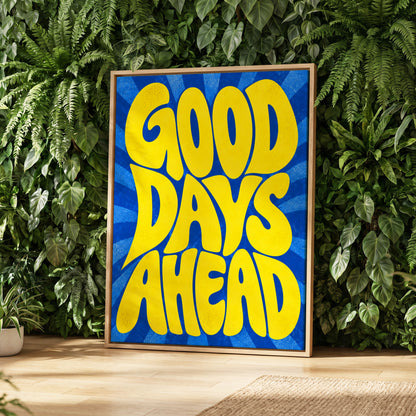 Good Days Sunburst, yellow, blue abstract wall art displayed in a styled interior, gallery view 2