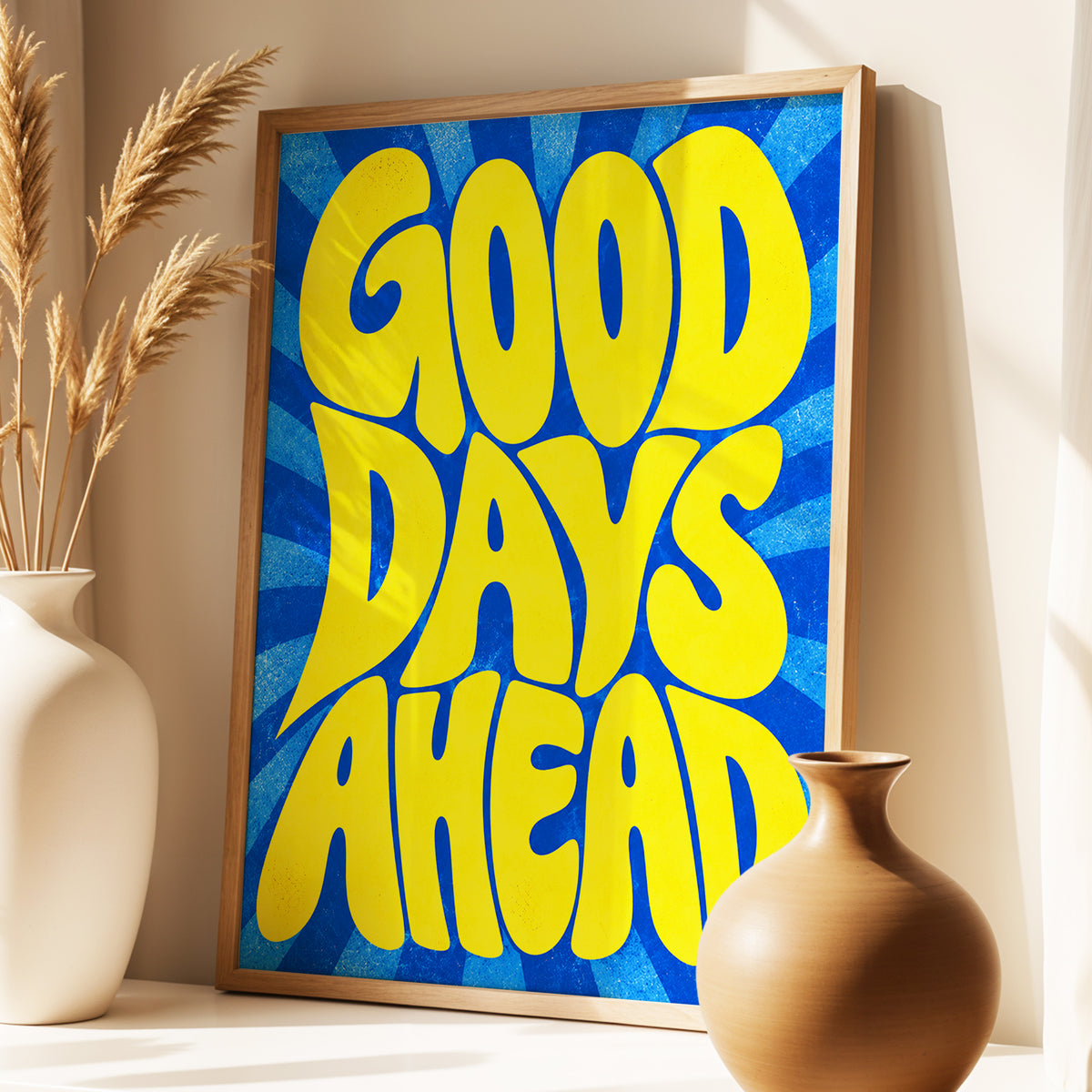 Good Days Sunburst, yellow, blue abstract wall art displayed in a styled interior, gallery view 3