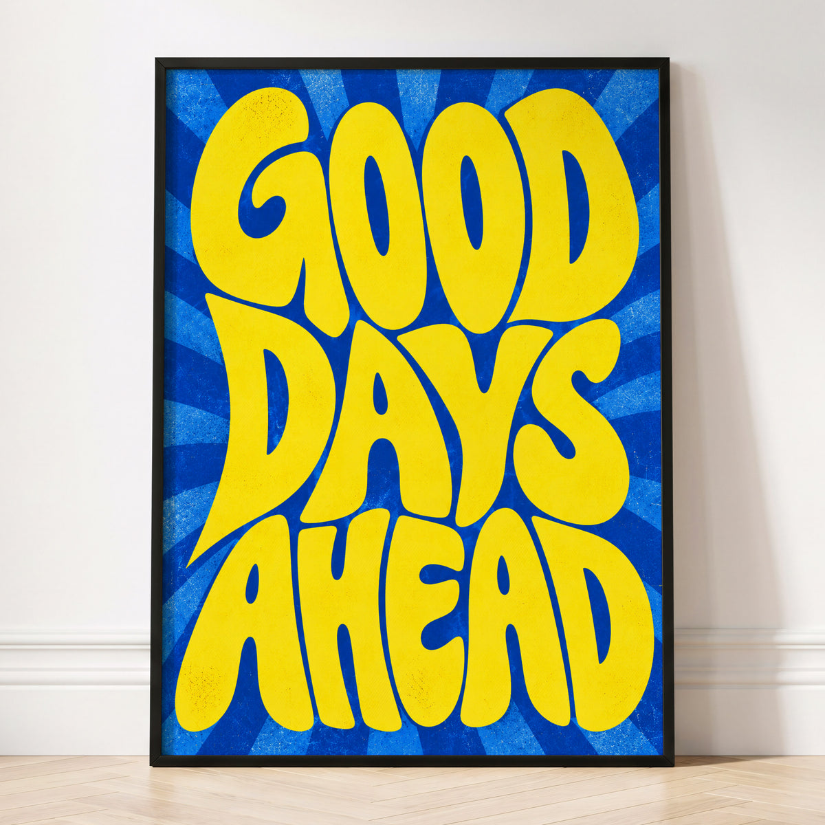 Good Days Sunburst, yellow, blue abstract wall art displayed in a styled interior, gallery view 4