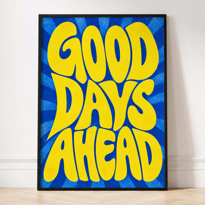 Good Days Sunburst, yellow, blue abstract wall art displayed in a styled interior, gallery view 4