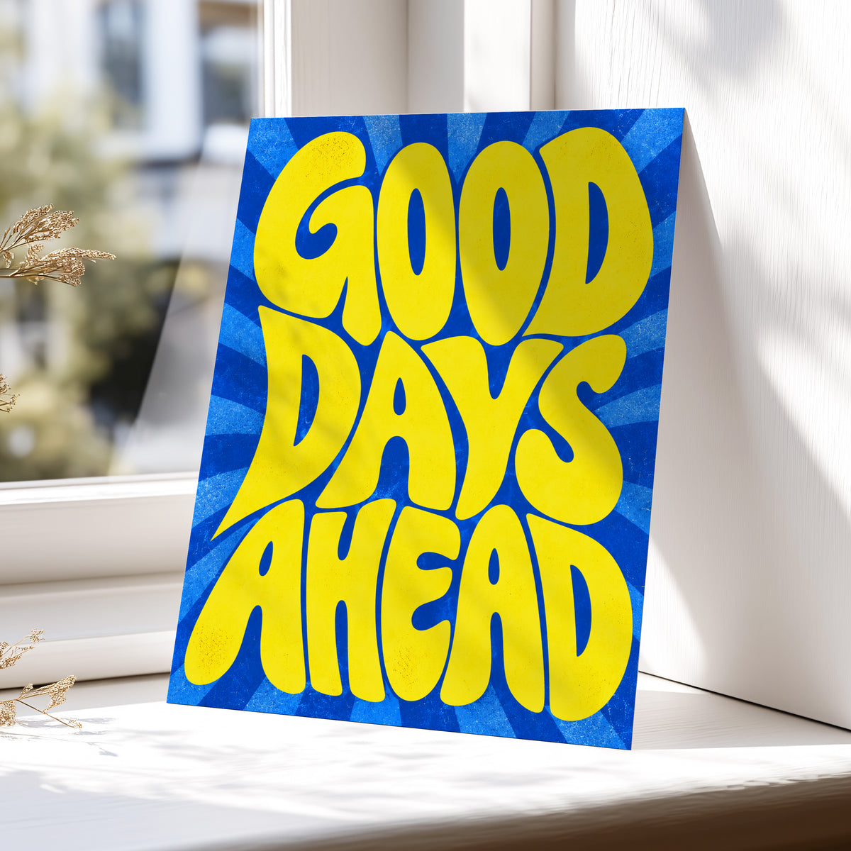 Good Days Sunburst, yellow, blue abstract wall art displayed in a styled interior, gallery view 5