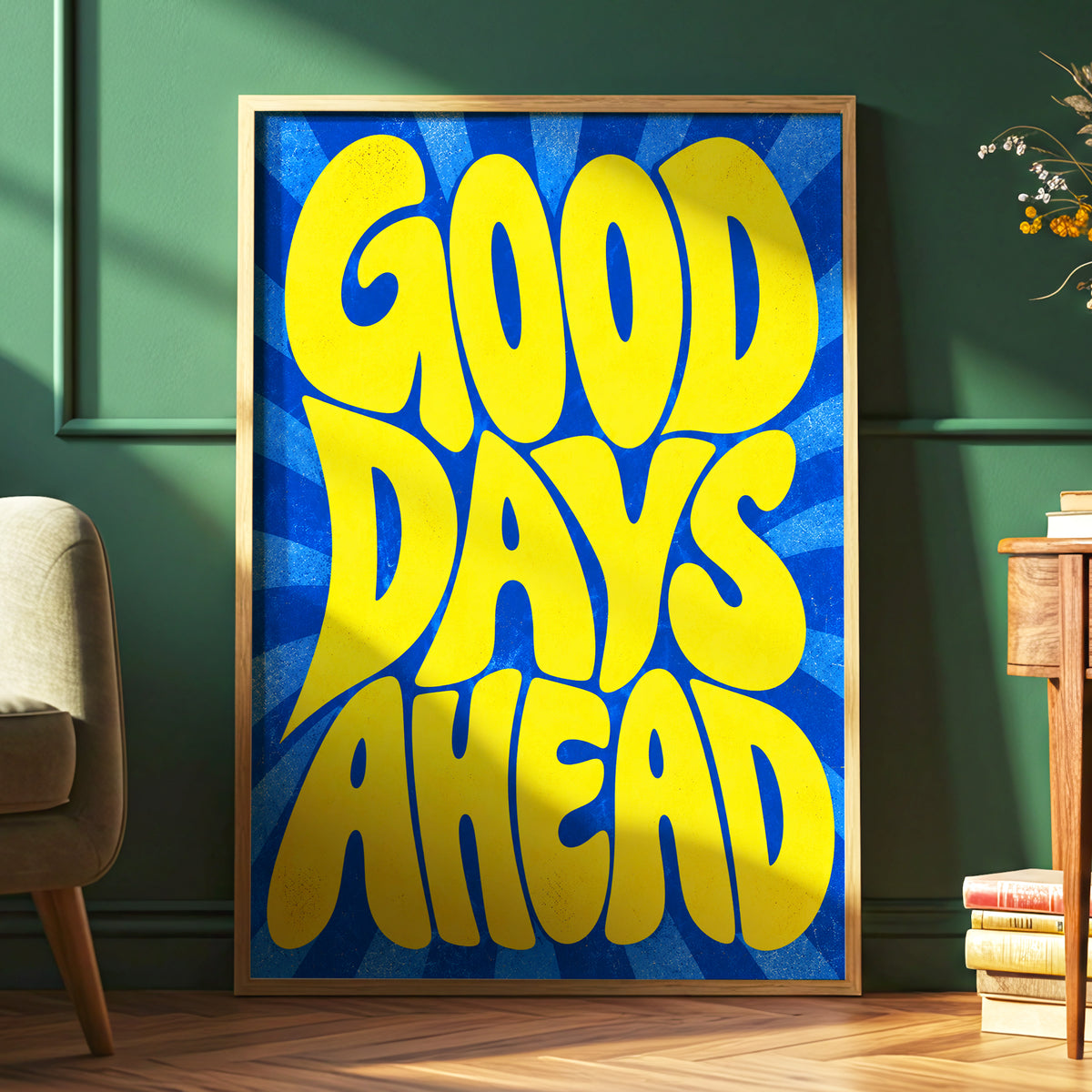 Good Days Sunburst, yellow, blue abstract wall art displayed in a styled interior, gallery view 6