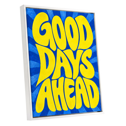 Good Days Sunburst, yellow, blue abstract wall art shown as a white framed canvas wall art