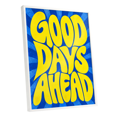 Good Days Sunburst, yellow, blue abstract wall art shown as a white framed poster wall art print