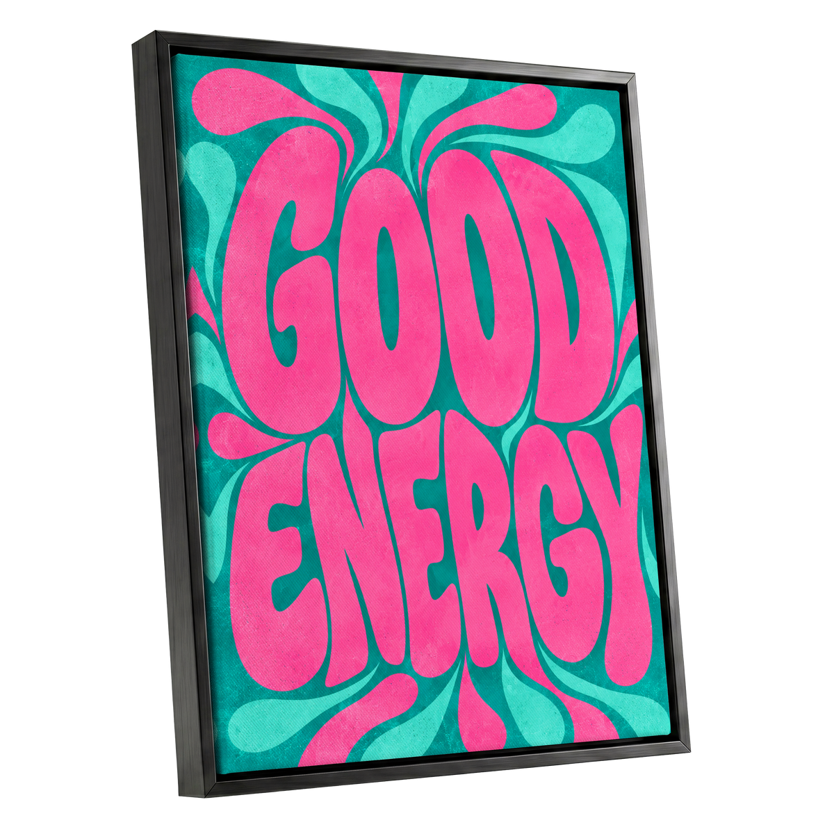 Good Energy Groove, pink, green abstract wall art shown as a black framed canvas wall art