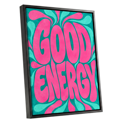 Good Energy Groove, pink, green abstract wall art shown as a black framed canvas wall art