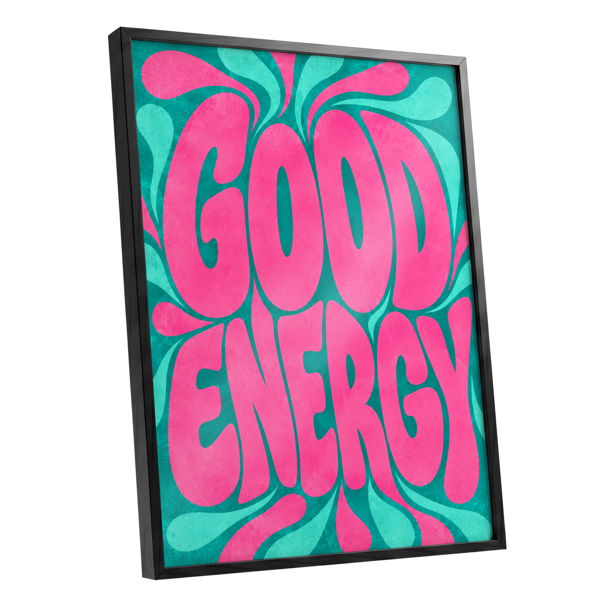 Good Energy Groove, pink, green abstract wall art shown as a black framed poster wall art print