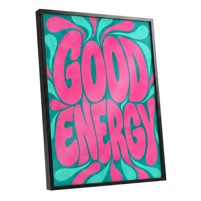 Good Energy Groove, pink, green abstract wall art shown as a black framed poster wall art print