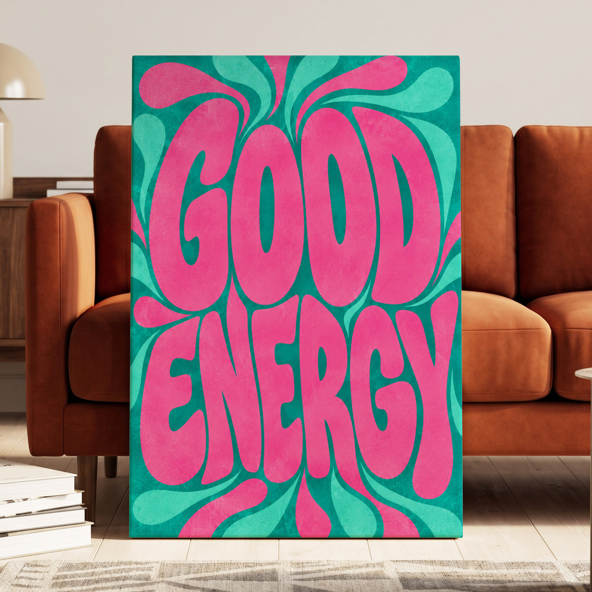 Good Energy Groove, pink, green abstract wall art on canvas displayed in a styled interior, gallery view 1