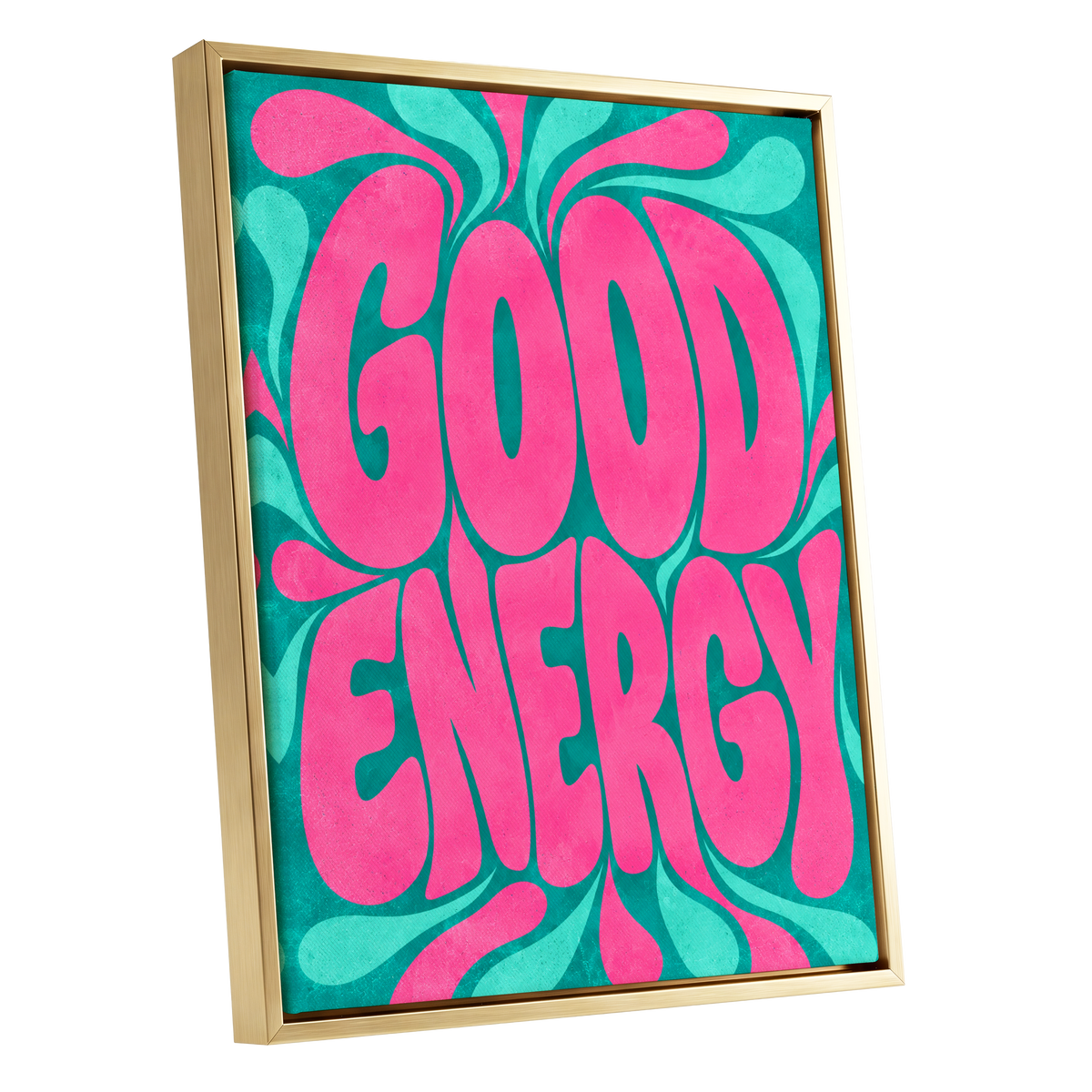 Good Energy Groove, pink, green abstract wall art shown as a gold framed canvas wall art