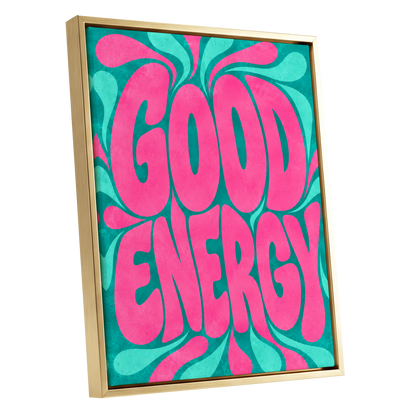 Good Energy Groove, pink, green abstract wall art shown as a gold framed canvas wall art