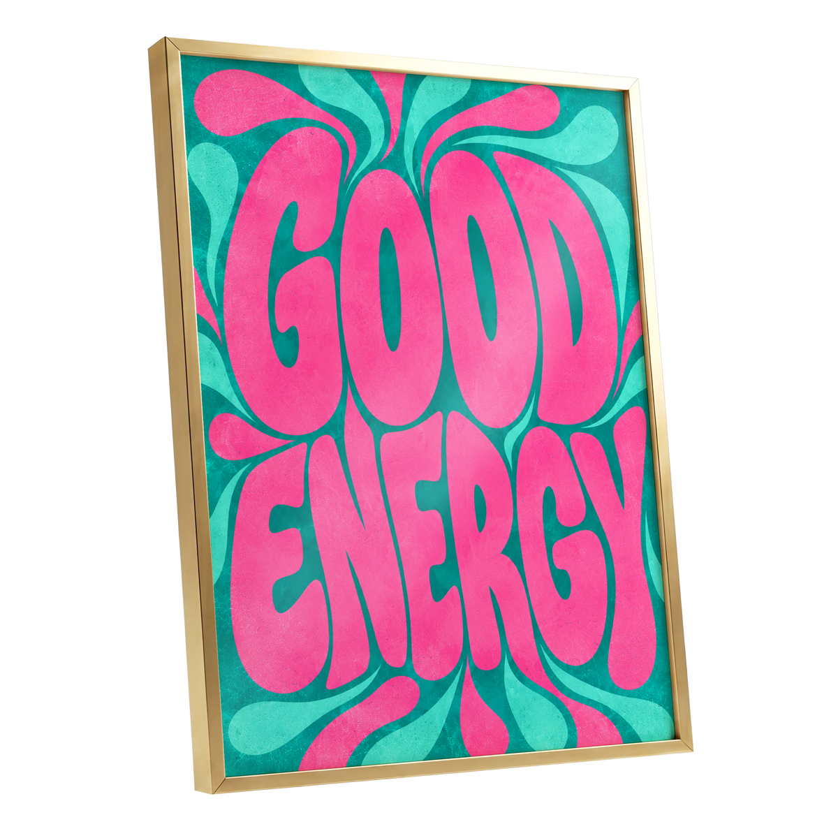 Good Energy Groove, pink, green abstract wall art shown as a gold framed poster wall art print