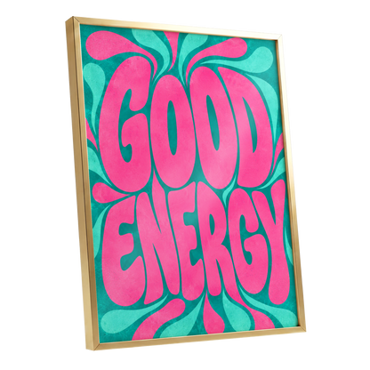 Good Energy Groove, pink, green abstract wall art shown as a gold framed poster wall art print