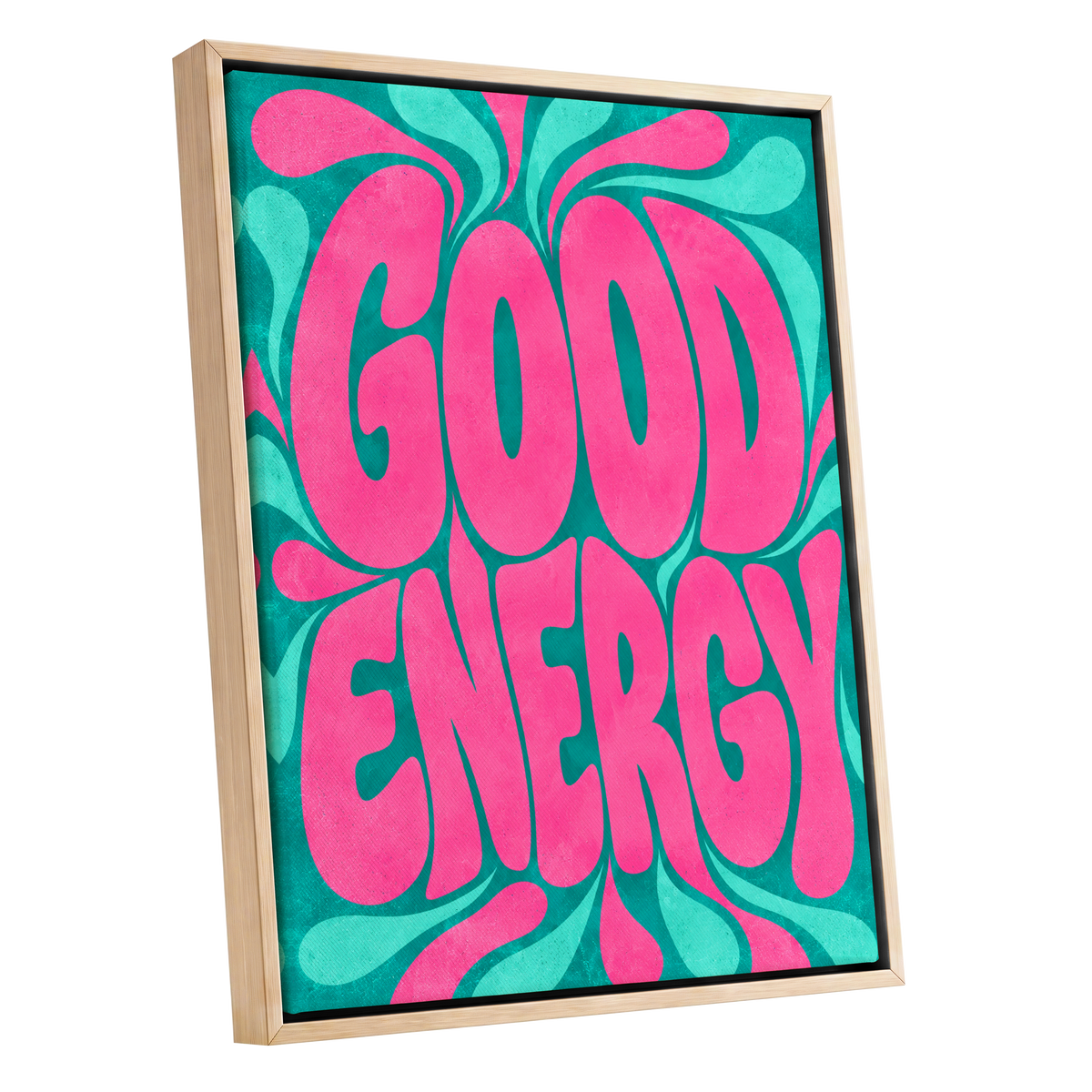 Good Energy Groove, pink, green abstract wall art shown as a oak framed canvas wall art