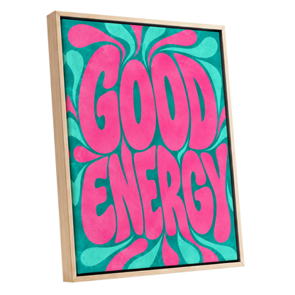 Good Energy Groove, pink, green abstract wall art shown as a oak framed canvas wall art