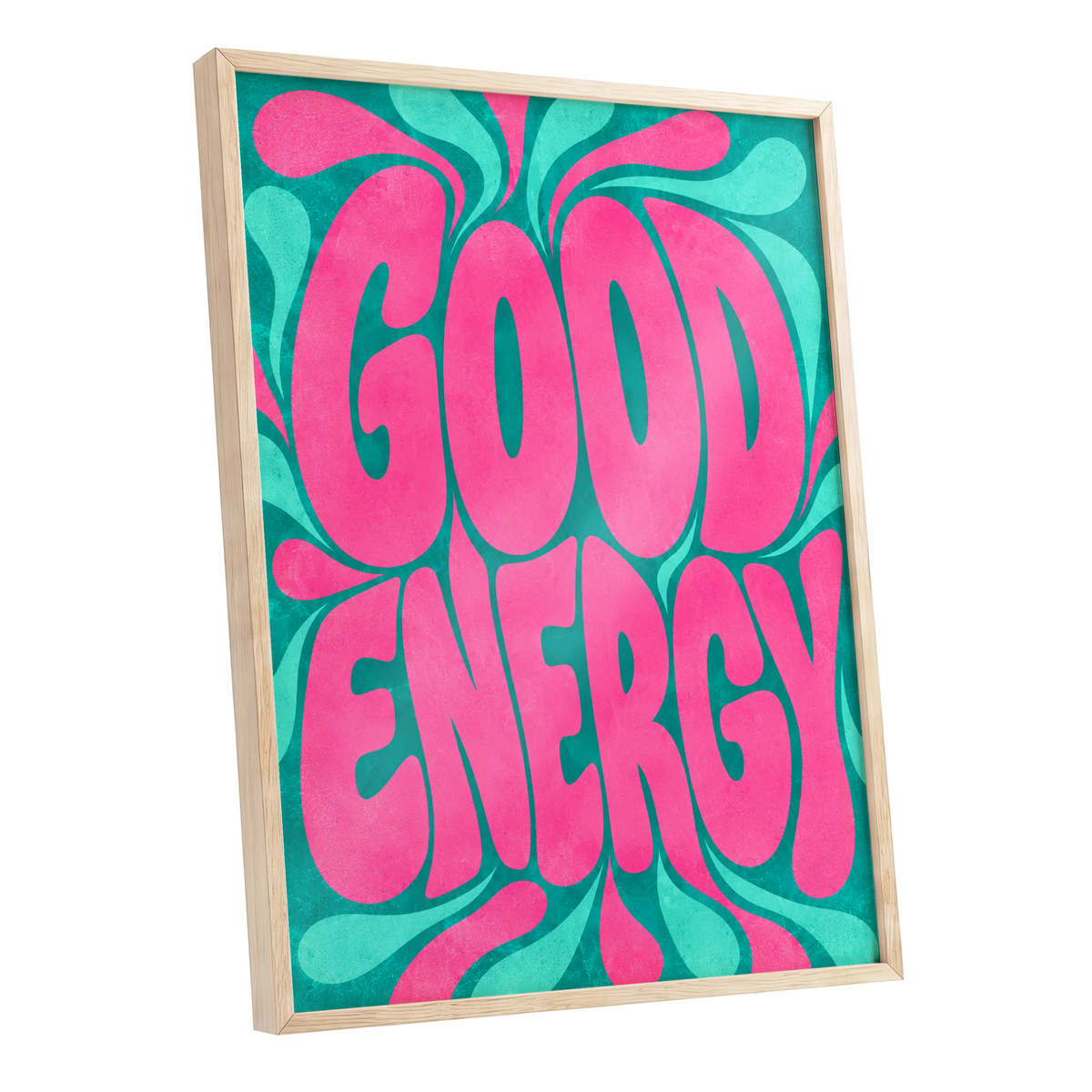 Good Energy Groove, pink, green abstract wall art shown as a oak framed poster wall art print
