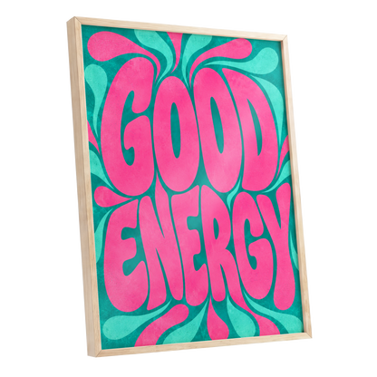 Good Energy Groove, pink, green abstract wall art shown as a oak framed poster wall art print