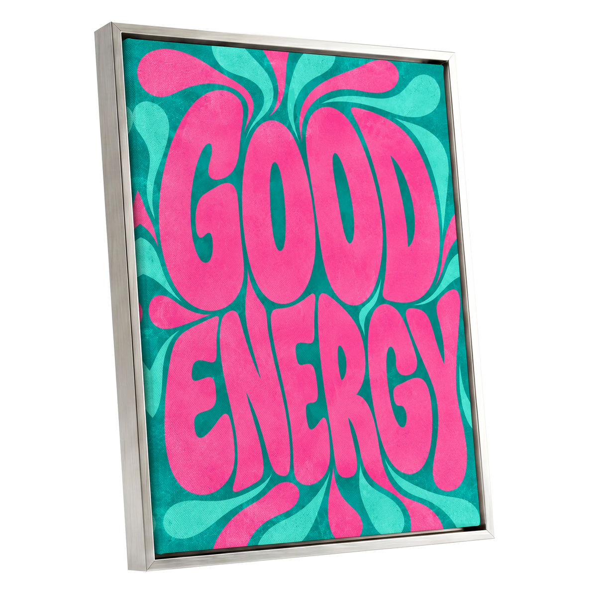 Good Energy Groove, pink, green abstract wall art shown as a silver framed canvas wall art