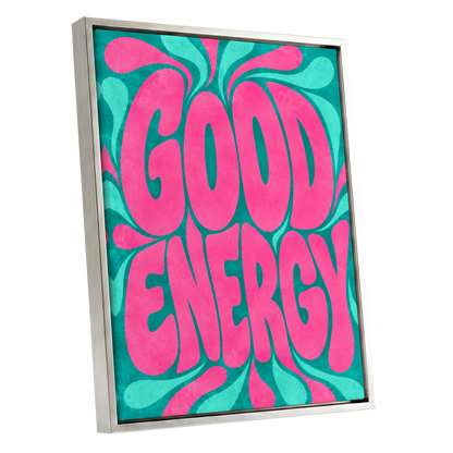 Good Energy Groove, pink, green abstract wall art shown as a silver framed canvas wall art